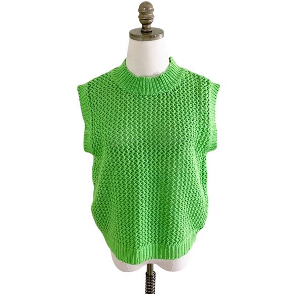 NWT Self Contrast Lime Green Open Knit Sweater Vest Women's Sz Medium Crew Neck - Picture 6 of 6
